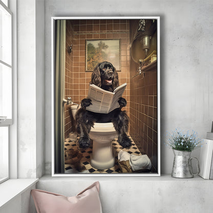Black Cocker Spaniel Dog On The Toilet Reading Newspaper, Framed Canvas Print Wall Art, Floating Frame