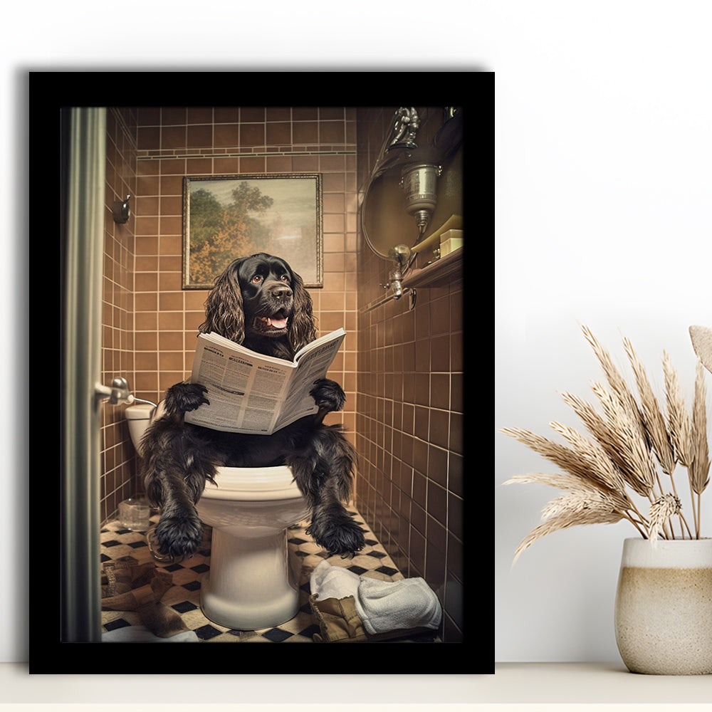 Black Cocker Spaniel Dog On The Toilet Reading Newspaper, Framed Art Print Wall Decor, Picture Framed