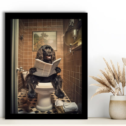 Black Cocker Spaniel Dog On The Toilet Reading Newspaper, Framed Art Print Wall Decor, Picture Framed