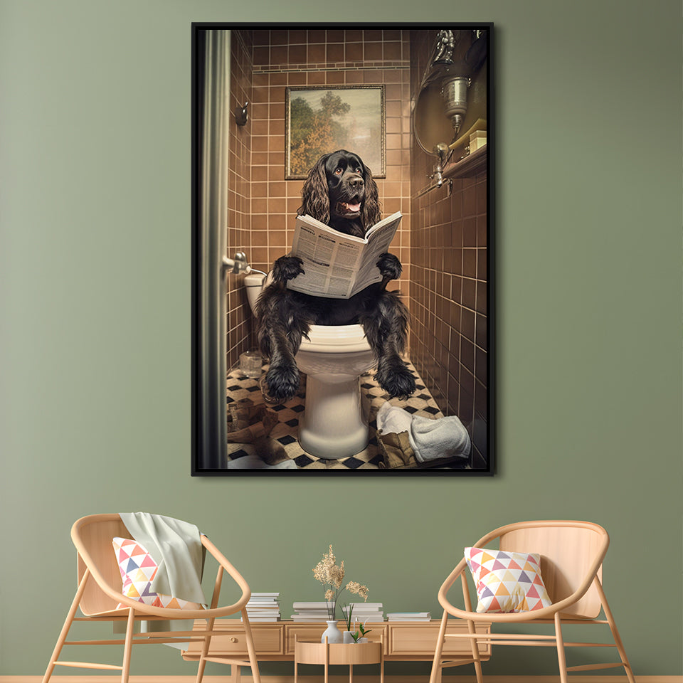 Black Cocker Spaniel Dog On The Toilet Reading Newspaper, Framed Canvas Print Wall Art, Floating Frame
