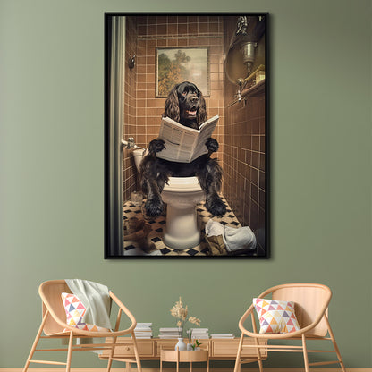 Black Cocker Spaniel Dog On The Toilet Reading Newspaper, Framed Canvas Print Wall Art, Floating Frame