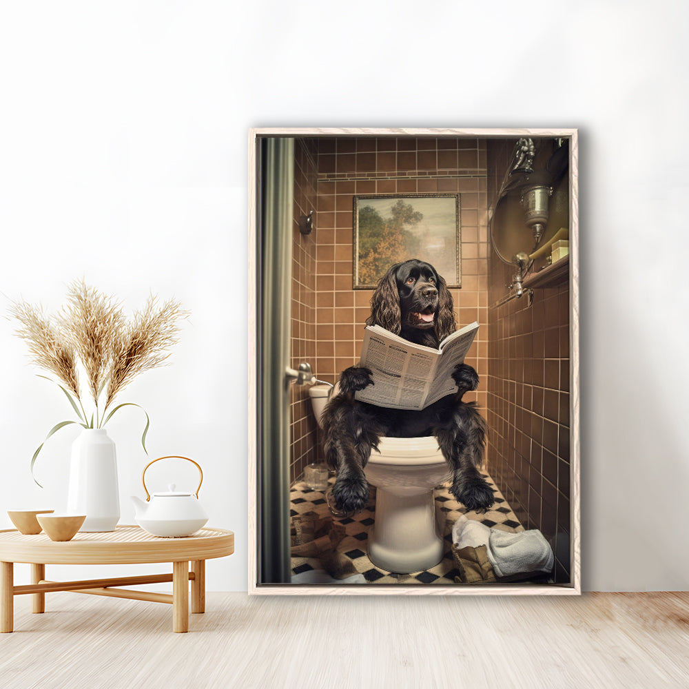 Black Cocker Spaniel Dog On The Toilet Reading Newspaper, Framed Canvas Print Wall Art, Floating Frame