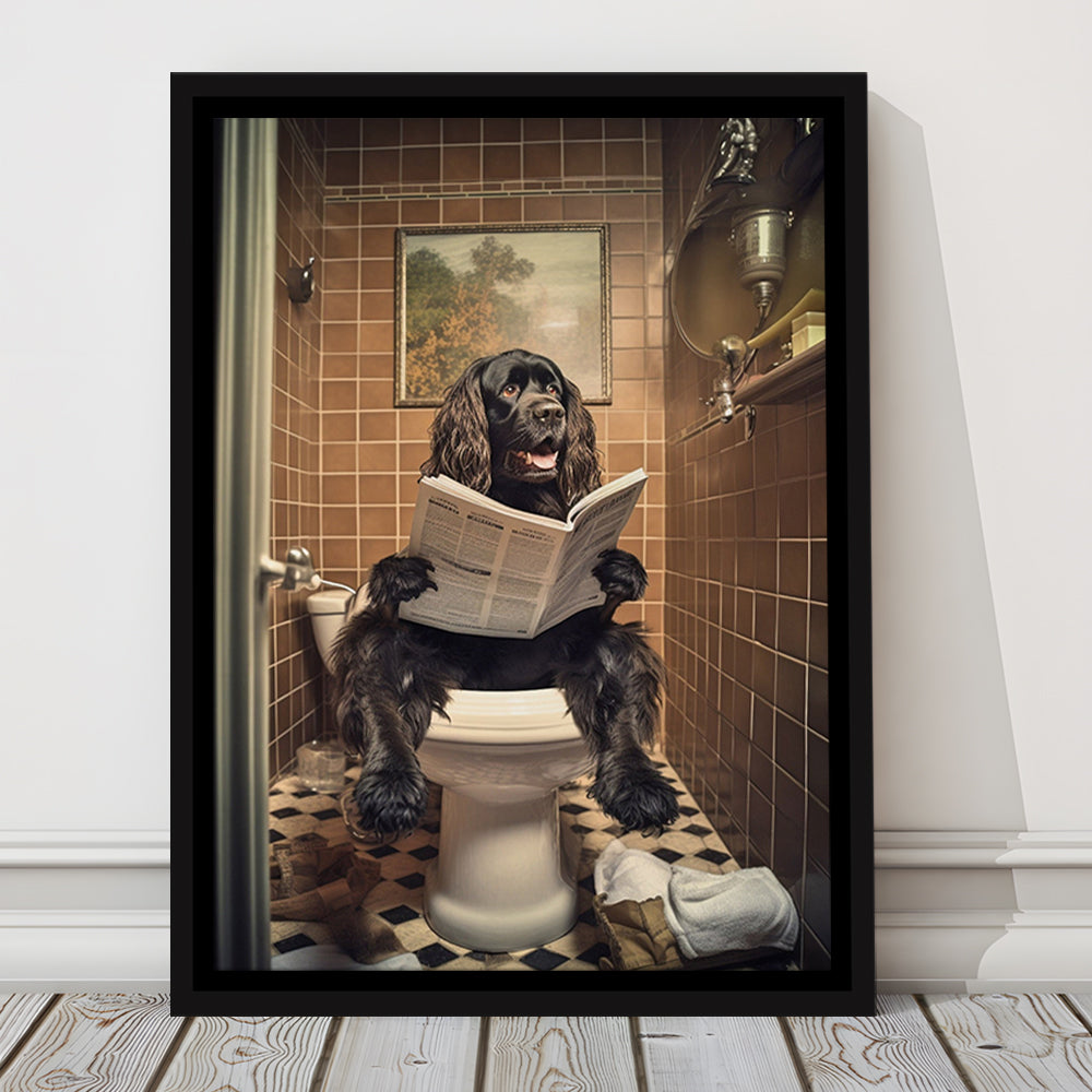 Black Cocker Spaniel Dog On The Toilet Reading Newspaper, Framed Canvas Print Wall Art, Floating Frame