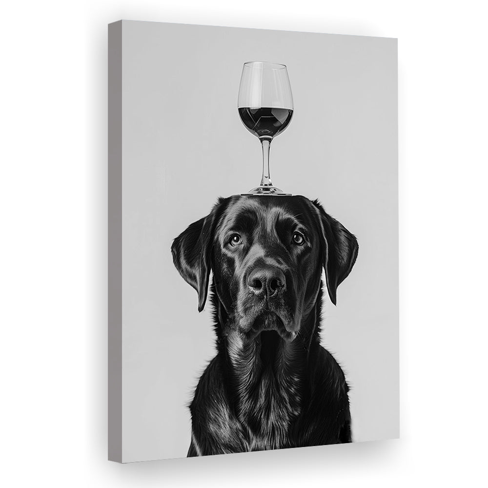 Black Labrador Balancing Wine On Head Canvas Print Wall Art, Black and White, Wine Glass Art, Kitchen Wall Decor
