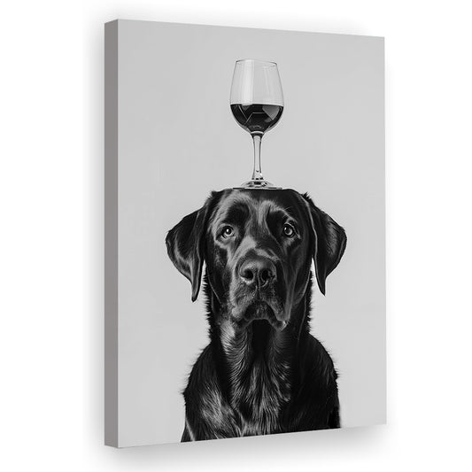 Black Labrador Balancing Wine On Head Canvas Print Wall Art, Black and White, Wine Glass Art, Kitchen Wall Decor