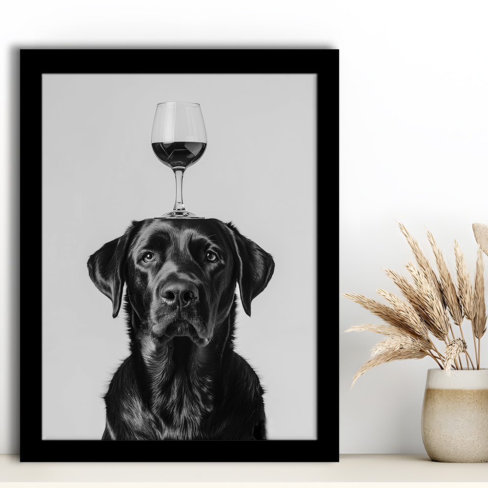 Black Labrador Balancing Wine On Head Framed Art Print Wall Decor, Black and White, Kitchen Wall Decor