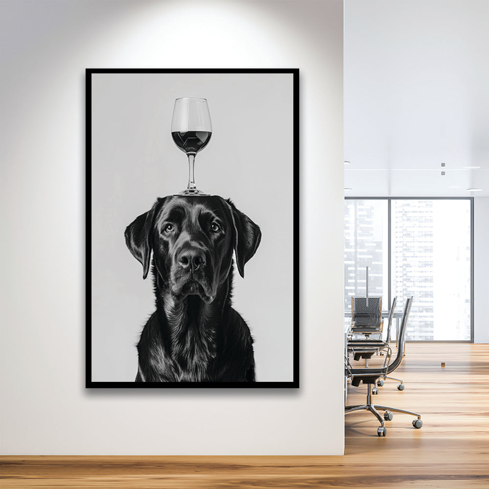 Black Labrador Balancing Wine On Head Framed Art Print Wall Decor, Black and White, Kitchen Wall Decor