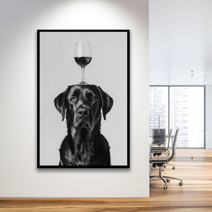 Black Labrador Balancing Wine On Head Framed Art Print Wall Decor, Black and White, Kitchen Wall Decor