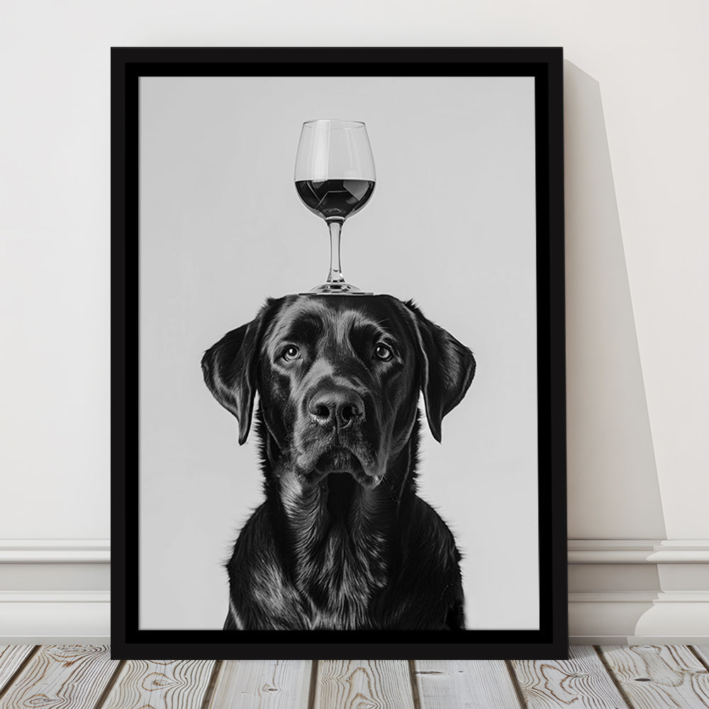 Black Labrador Balancing Wine On Head Framed Canvas Print Wall Art, Black and White, Kitchen Wall Decor