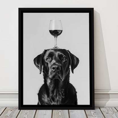 Black Labrador Balancing Wine On Head Framed Canvas Print Wall Art, Black and White, Kitchen Wall Decor