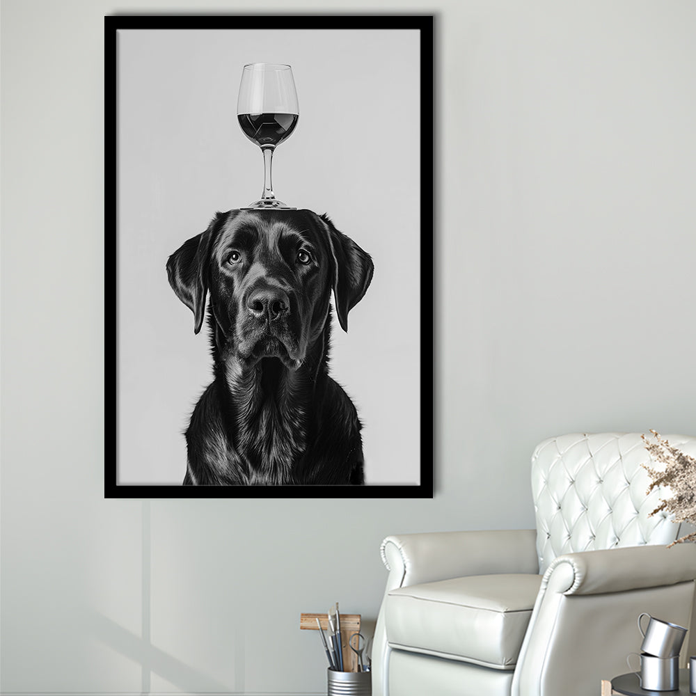 Black Labrador Balancing Wine On Head Framed Art Print Wall Decor, Black and White, Kitchen Wall Decor