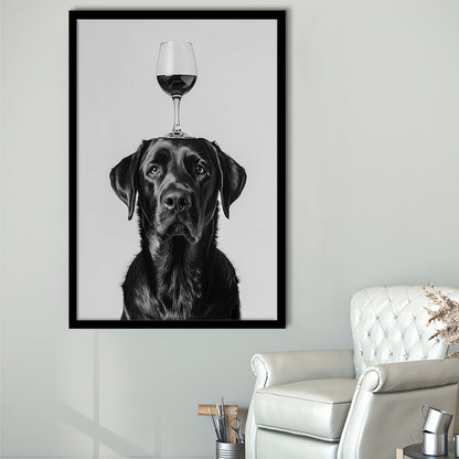 Black Labrador Balancing Wine On Head Framed Art Print Wall Decor, Black and White, Kitchen Wall Decor
