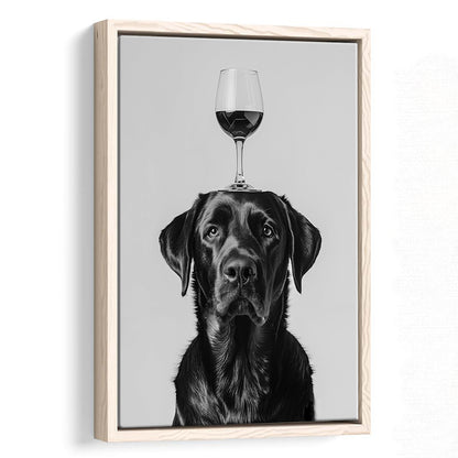 Black Labrador Balancing Wine On Head Framed Canvas Print Wall Art, Black and White, Kitchen Wall Decor