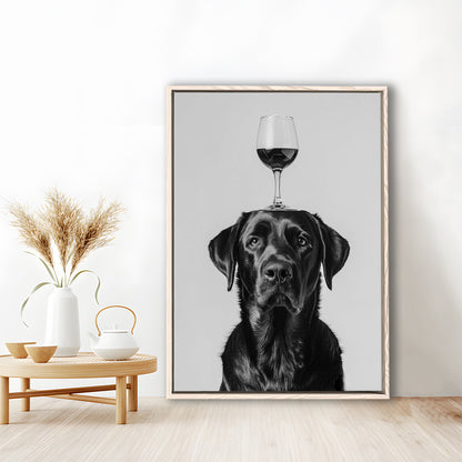 Black Labrador Balancing Wine On Head Framed Canvas Print Wall Art, Black and White, Kitchen Wall Decor