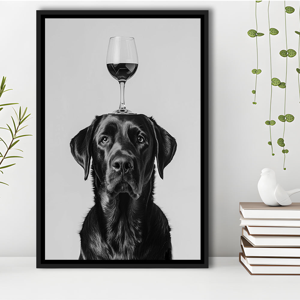 Black Labrador Balancing Wine On Head Framed Canvas Print Wall Art, Black and White, Kitchen Wall Decor