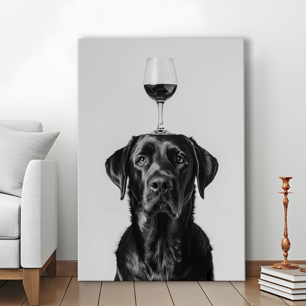 Black Labrador Balancing Wine On Head Canvas Print Wall Art, Black and White, Wine Glass Art, Kitchen Wall Decor