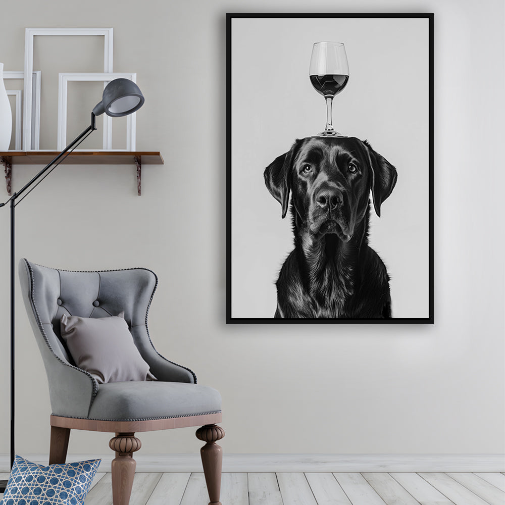 Black Labrador Balancing Wine On Head Framed Canvas Print Wall Art, Black and White, Kitchen Wall Decor