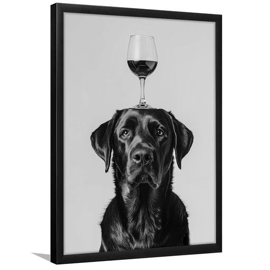 Black Labrador Balancing Wine On Head Framed Art Print Wall Decor, Black and White, Kitchen Wall Decor