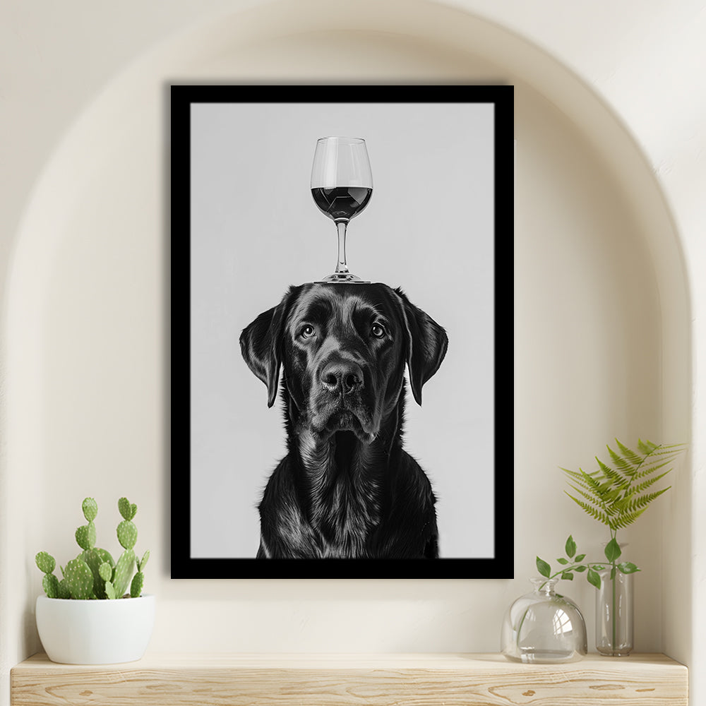 Black Labrador Balancing Wine On Head Framed Art Print Wall Decor, Black and White, Kitchen Wall Decor