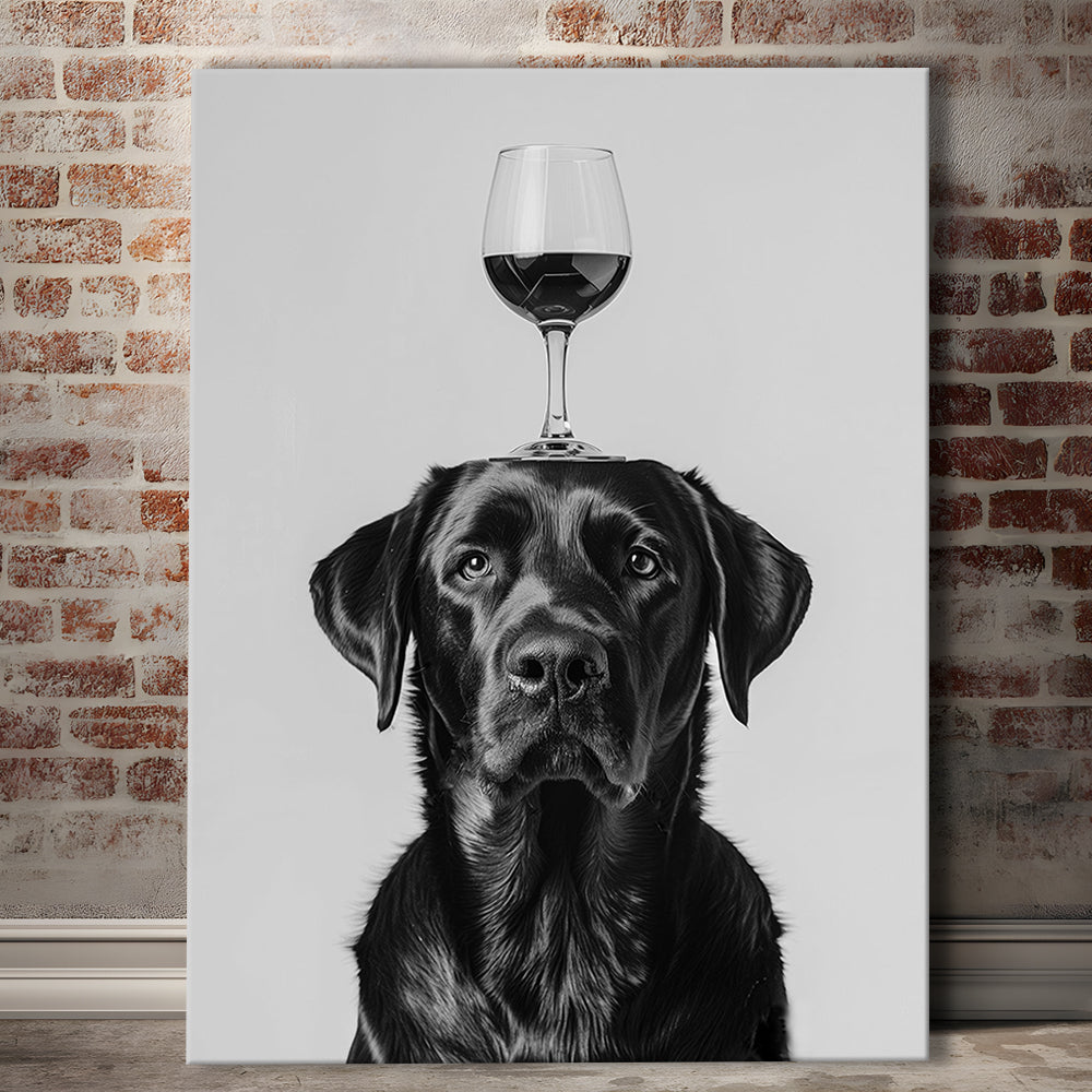 Black Labrador Balancing Wine On Head Canvas Print Wall Art, Black and White, Wine Glass Art, Kitchen Wall Decor