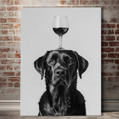 Black Labrador Balancing Wine On Head Canvas Print Wall Art, Black and White, Wine Glass Art, Kitchen Wall Decor