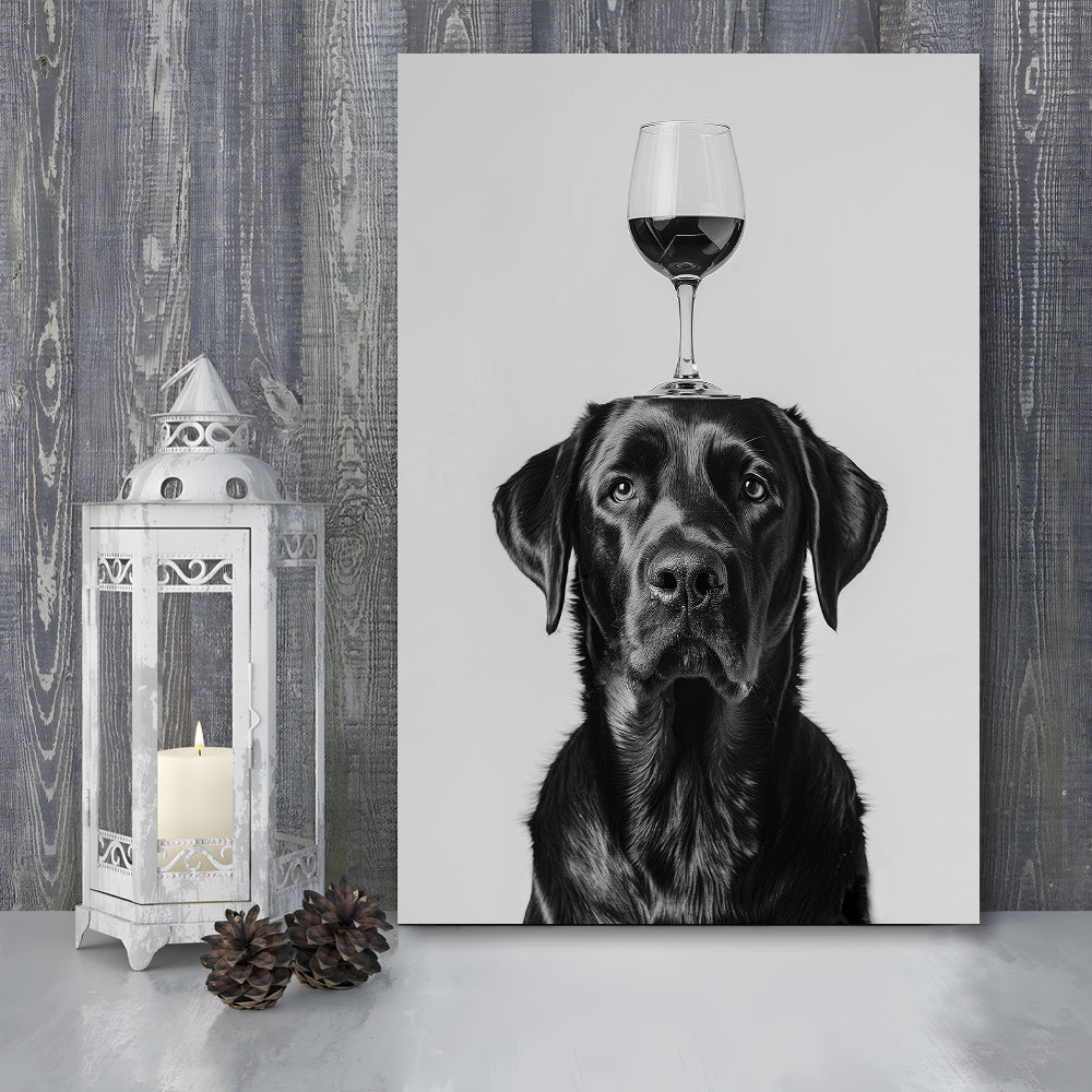 Black Labrador Balancing Wine On Head Canvas Print Wall Art, Black and White, Wine Glass Art, Kitchen Wall Decor
