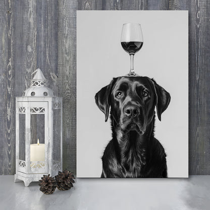 Black Labrador Balancing Wine On Head Canvas Print Wall Art, Black and White, Wine Glass Art, Kitchen Wall Decor