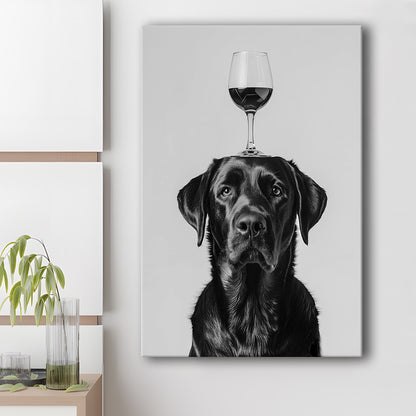 Black Labrador Balancing Wine On Head Canvas Print Wall Art, Black and White, Wine Glass Art, Kitchen Wall Decor