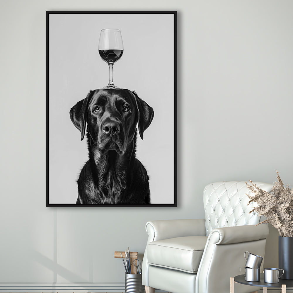 Black Labrador Balancing Wine On Head Framed Canvas Print Wall Art, Black and White, Kitchen Wall Decor