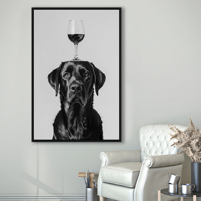 Black Labrador Balancing Wine On Head Framed Canvas Print Wall Art, Black and White, Kitchen Wall Decor