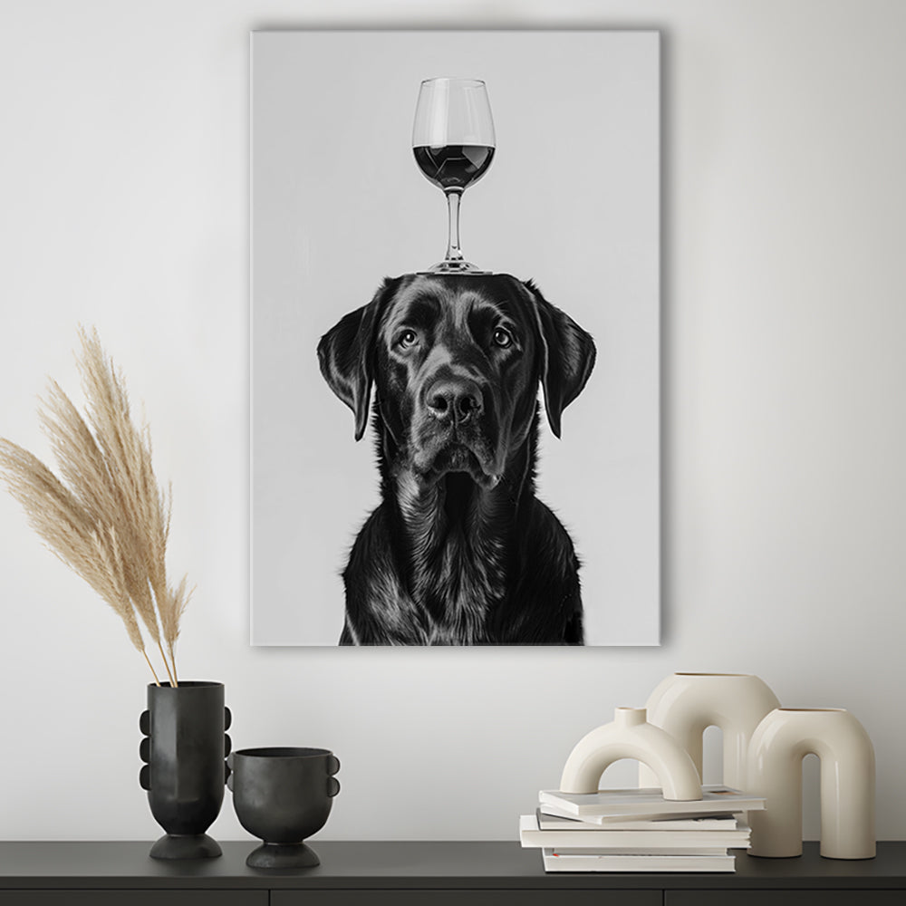 Black Labrador Balancing Wine On Head Canvas Print Wall Art, Black and White, Wine Glass Art, Kitchen Wall Decor