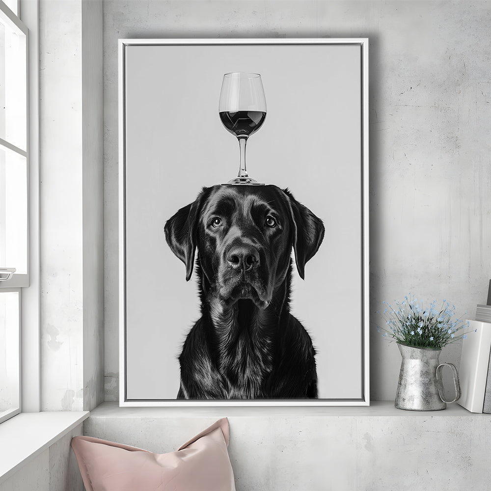 Black Labrador Balancing Wine On Head Framed Canvas Print Wall Art, Black and White, Kitchen Wall Decor