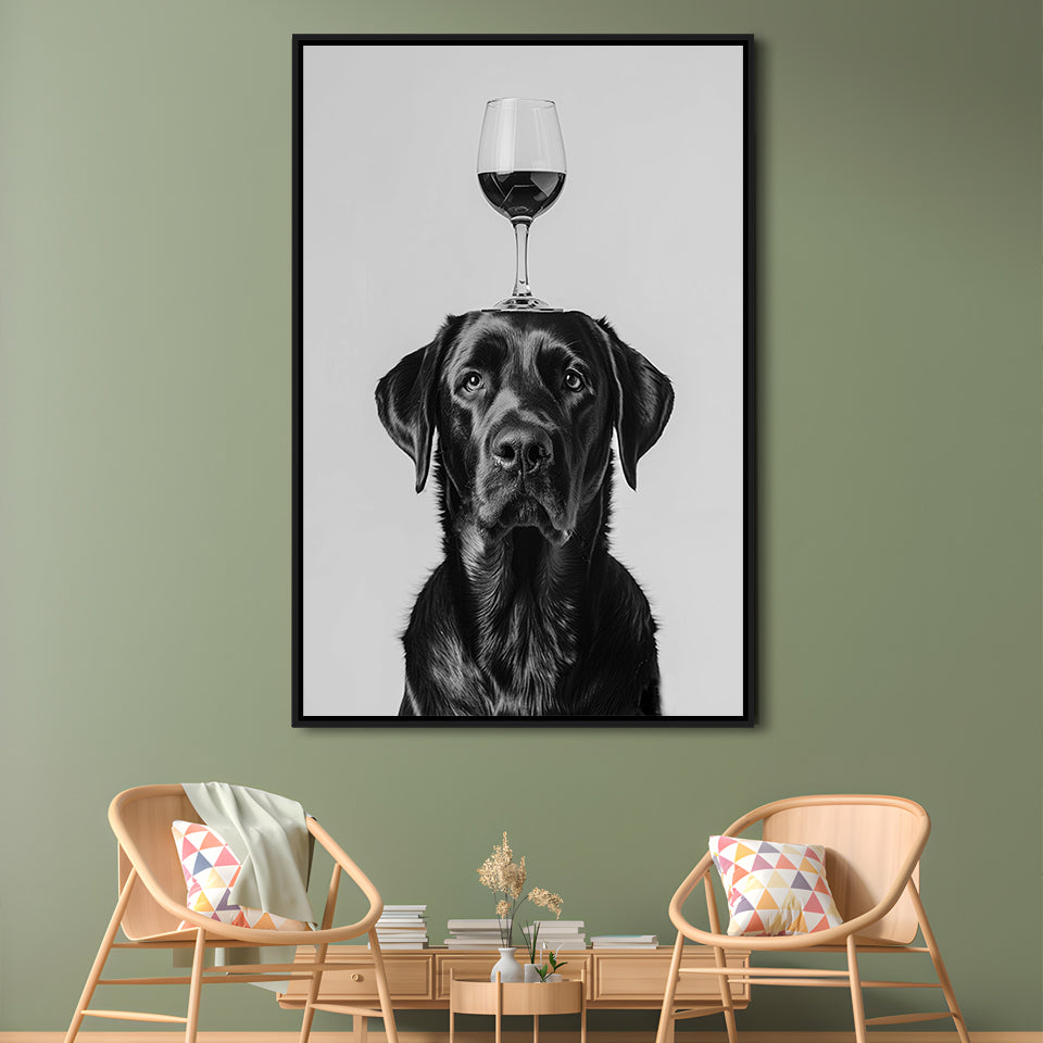 Black Labrador Balancing Wine On Head Framed Canvas Print Wall Art, Black and White, Kitchen Wall Decor