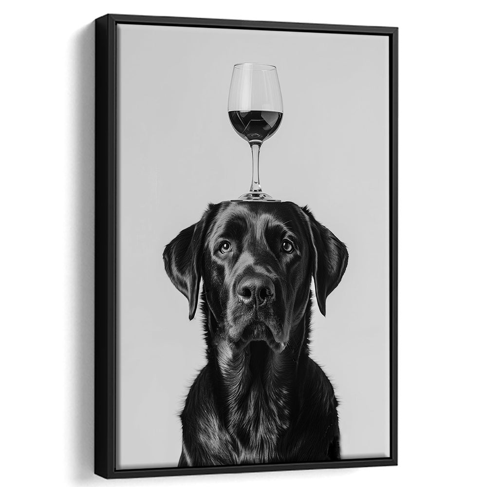 Black Labrador Balancing Wine On Head Framed Canvas Print Wall Art, Black and White, Kitchen Wall Decor