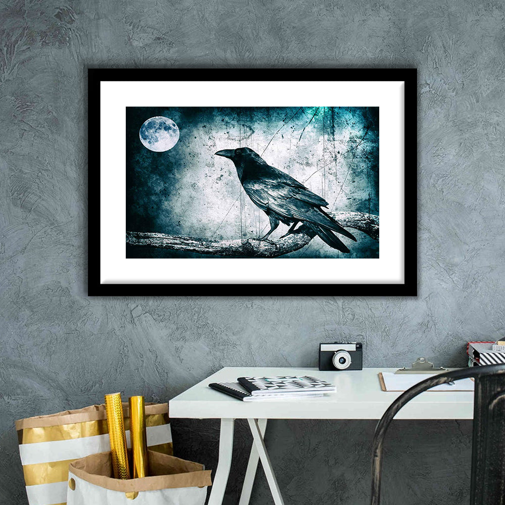 Black Raven And Full Moon Gothic Art Art Print,Dark Wall Decor, Framed Art Print White Border