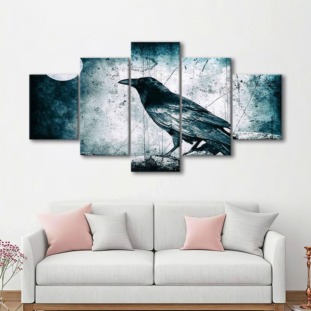 Black Raven and Full Moon Gothic Art Canvas Print,Dark Wall Decor, 5 Piece Large Cavas Print Wall Art