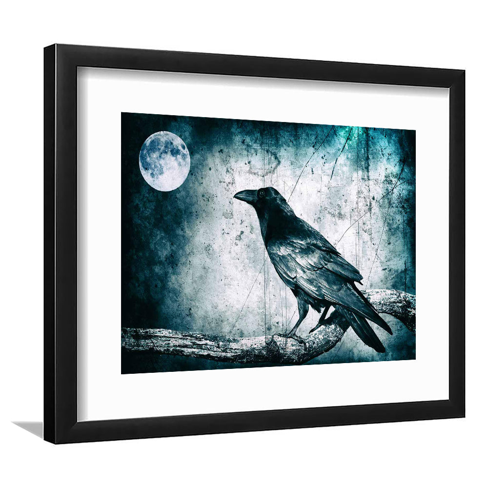 Black Raven And Full Moon Gothic Art Art Print,Dark Wall Decor, Framed Art Print White Border