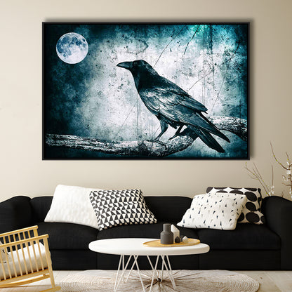 Black Raven And Full Moon Gothic Art Canvas Print,Dark Wall Decor, Framed Cavas Print, Floating Frame