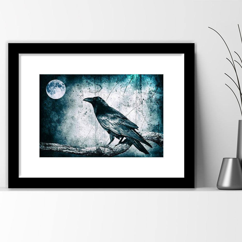 Black Raven And Full Moon Gothic Art Art Print,Dark Wall Decor, Framed Art Print White Border