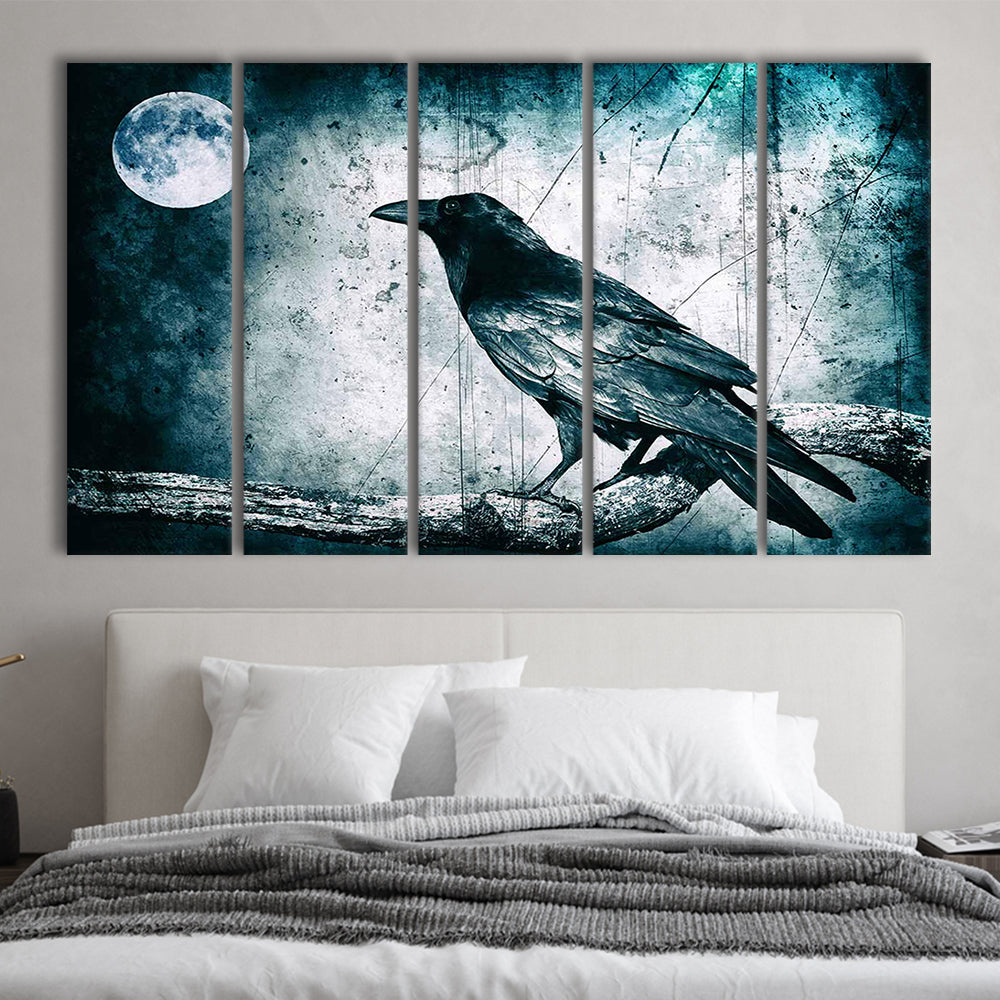 Black Raven and Full Moon Gothic Art Canvas Print,Dark Wall Decor, 5 Piece B Extra Large Cavas Print Wall Art Decor