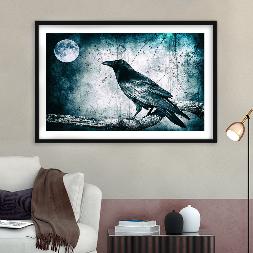 Black Raven And Full Moon Gothic Art Art Print,Dark Wall Decor, Framed Art Print White Border