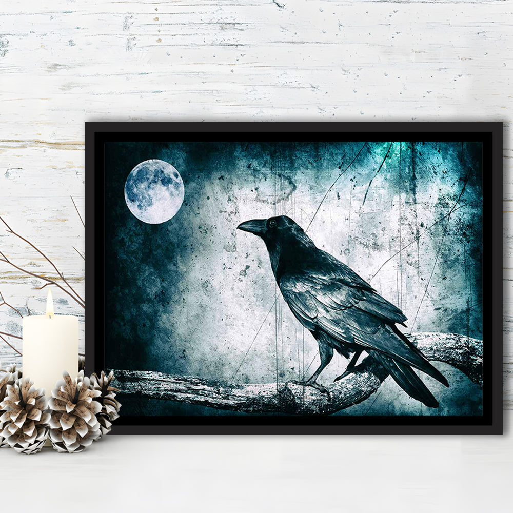 Black Raven And Full Moon Gothic Art Canvas Print,Dark Wall Decor, Framed Cavas Print, Floating Frame