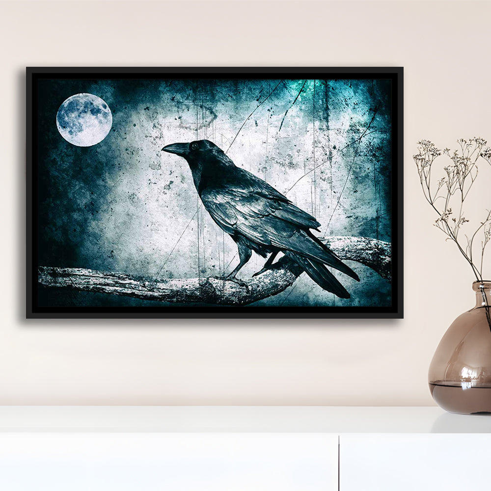 Black Raven And Full Moon Gothic Art Canvas Print,Dark Wall Decor, Framed Cavas Print, Floating Frame