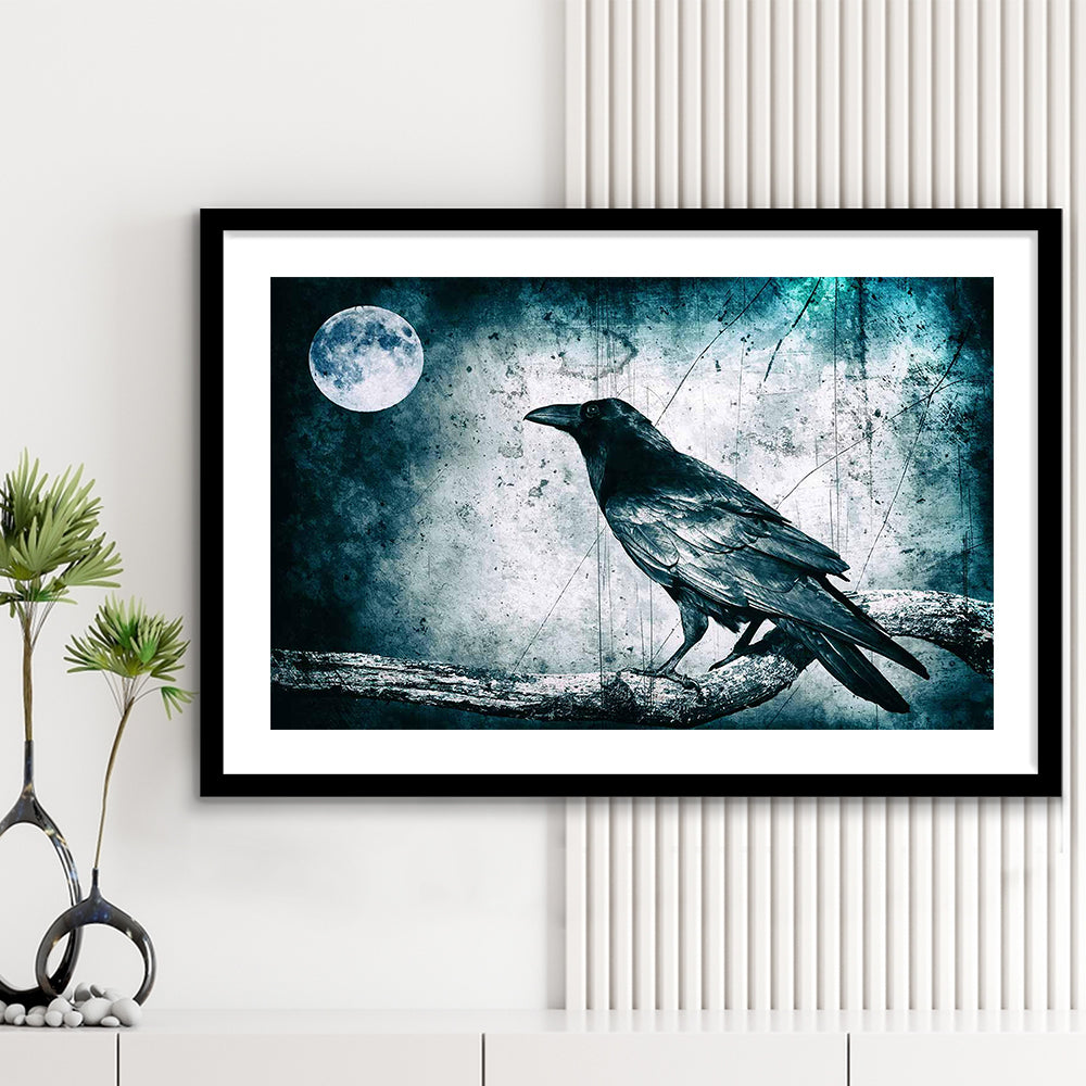 Black Raven And Full Moon Gothic Art Art Print,Dark Wall Decor, Framed Art Print White Border