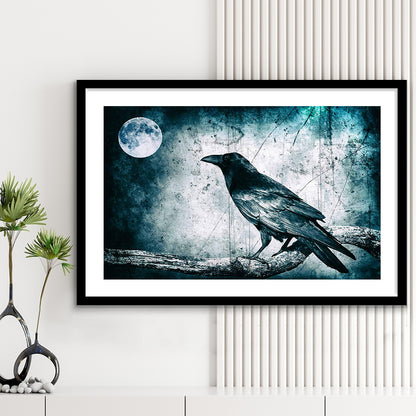 Black Raven And Full Moon Gothic Art Art Print,Dark Wall Decor, Framed Art Print White Border