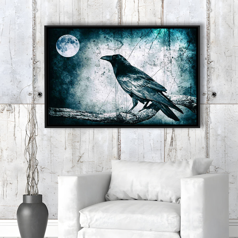 Black Raven And Full Moon Gothic Art Canvas Print,Dark Wall Decor, Framed Cavas Print, Floating Frame