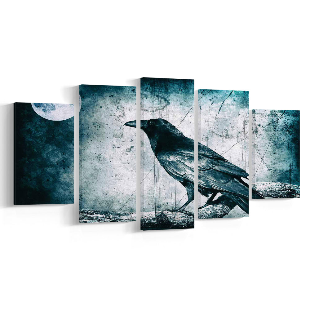 Black Raven and Full Moon Gothic Art Canvas Print,Dark Wall Decor, 5 Piece Large Cavas Print Wall Art