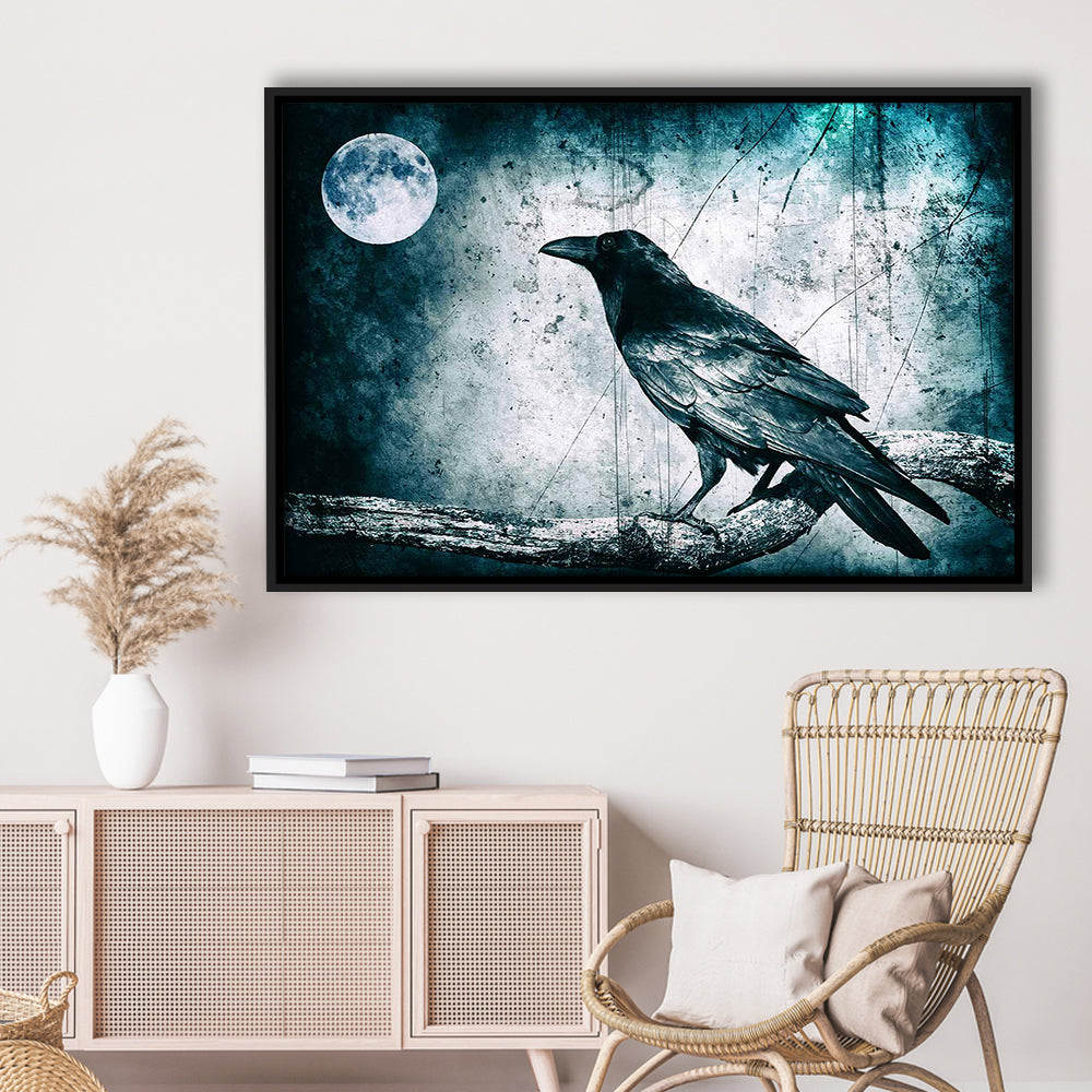 Black Raven And Full Moon Gothic Art Canvas Print,Dark Wall Decor, Framed Cavas Print, Floating Frame