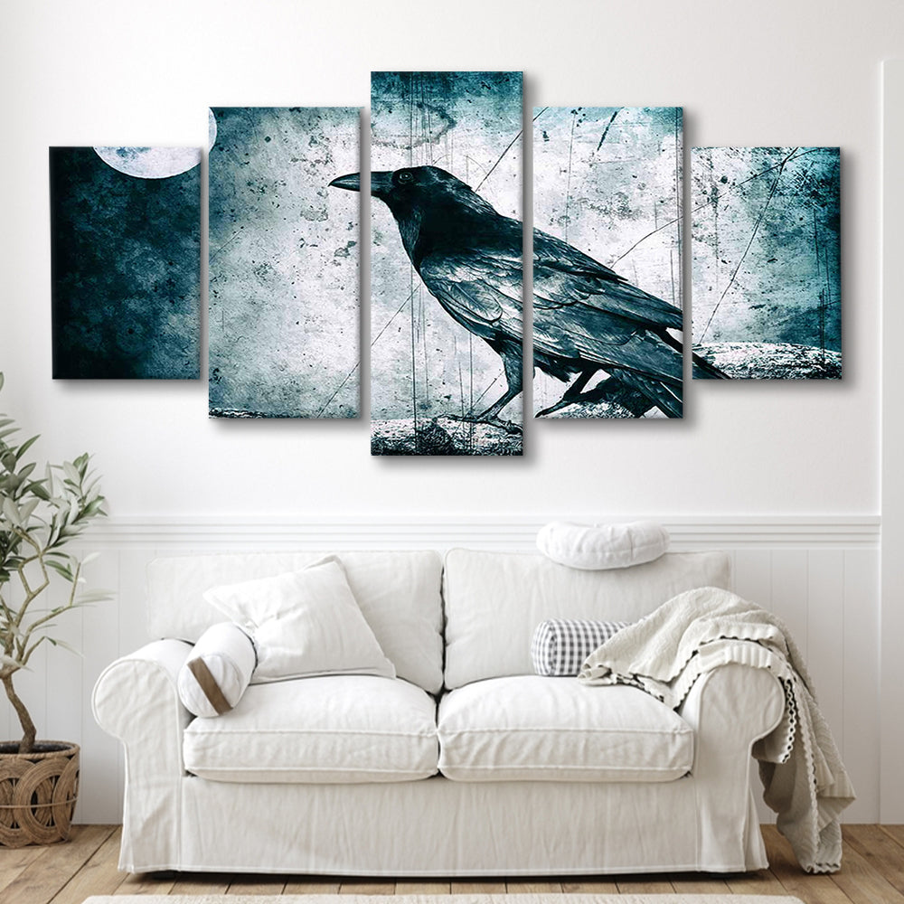 Black Raven and Full Moon Gothic Art Canvas Print,Dark Wall Decor, 5 Piece Large Cavas Print Wall Art