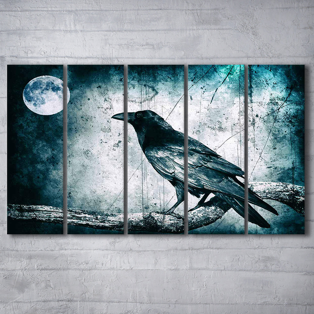 Black Raven and Full Moon Gothic Art Canvas Print,Dark Wall Decor, 5 Piece B Extra Large Cavas Print Wall Art Decor